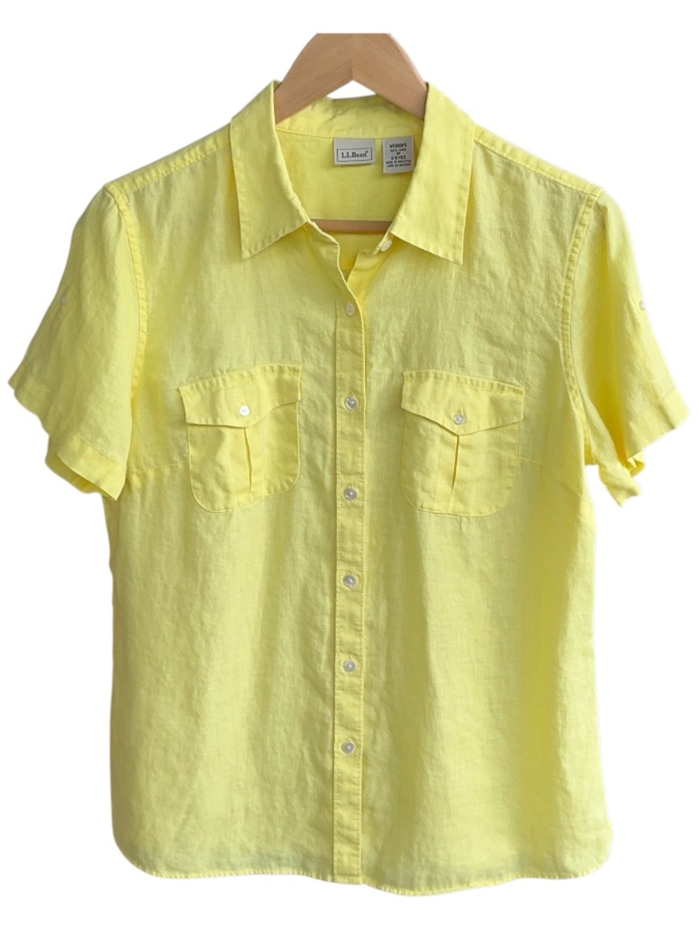 L.L.Bean Womens Yellow Linen Short Sleeve Button Down Shirt Size Med